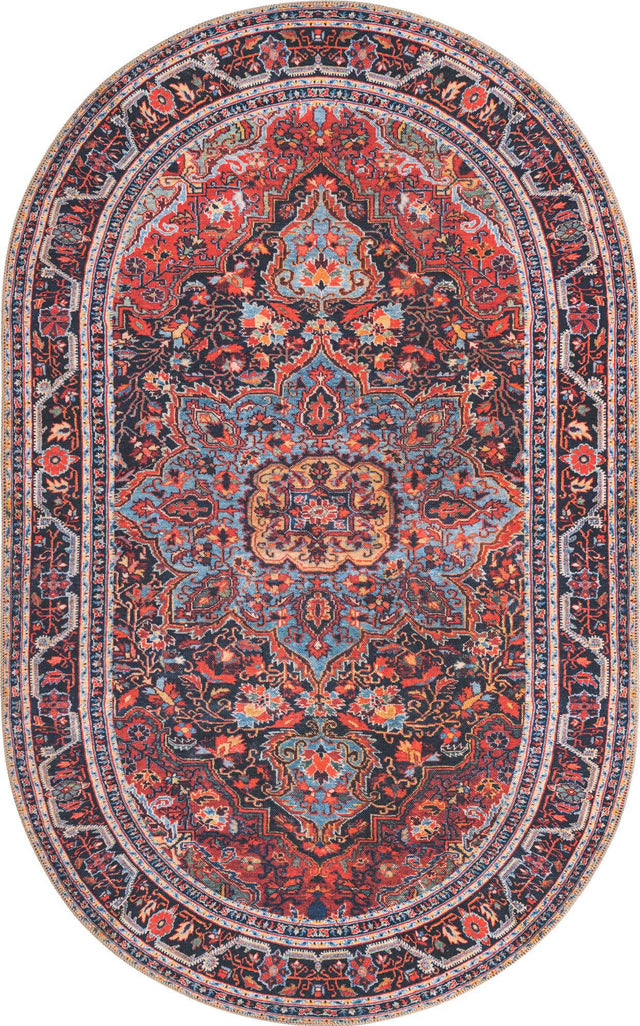 Washable Burgundy 5' x 8' Timeless Oval Area Rug Easy to Clean Stain Resistant & Durable Traditional Classic Vintage Design Carpet for Sale at Rug Engine
