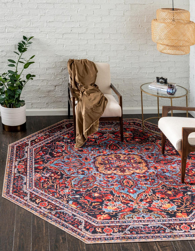 Washable Burgundy 7' 6 x 7' 6 Timeless Octagon Area Rug Easy to Clean Stain Resistant & Durable Traditional Classic Vintage Design Carpet for Sale at Rug Engine