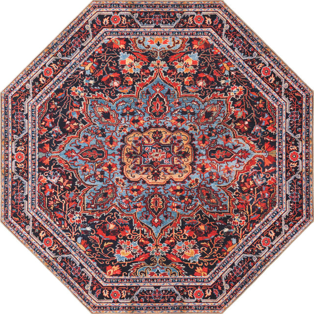 Washable Burgundy 7' 6 x 7' 6 Timeless Octagon Area Rug Easy to Clean Stain Resistant & Durable Traditional Classic Vintage Design Carpet for Sale at Rug Engine