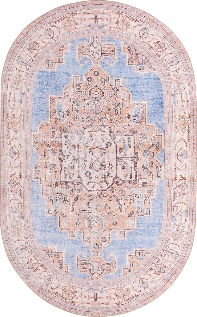 Washable Blue 5' x 8' Timeless Oval Area Rug Easy to Clean Stain Resistant & Durable Traditional Classic Vintage Design Carpet for Sale at Rug Engine