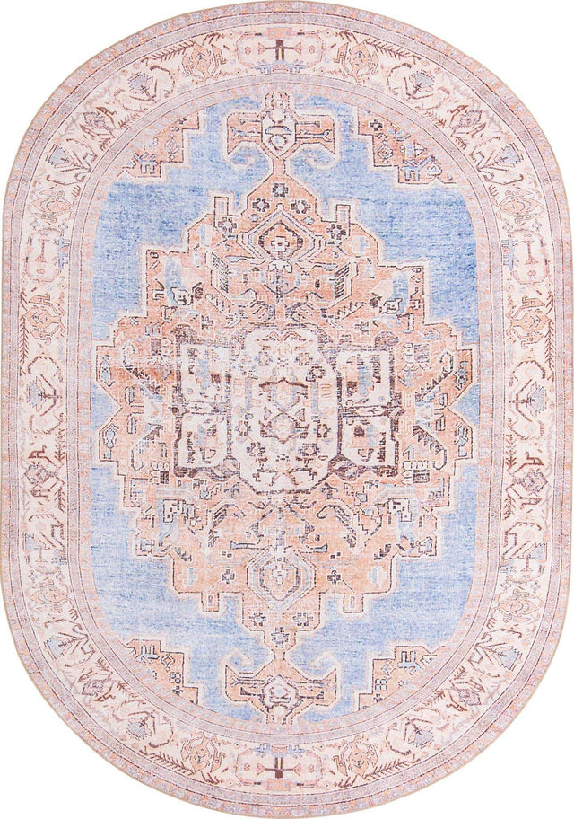 Washable Blue 7' 6 x 10' 6 Timeless Oval Area Rug Easy to Clean Stain Resistant & Durable Traditional Classic Vintage Design Carpet for Sale at Rug Engine