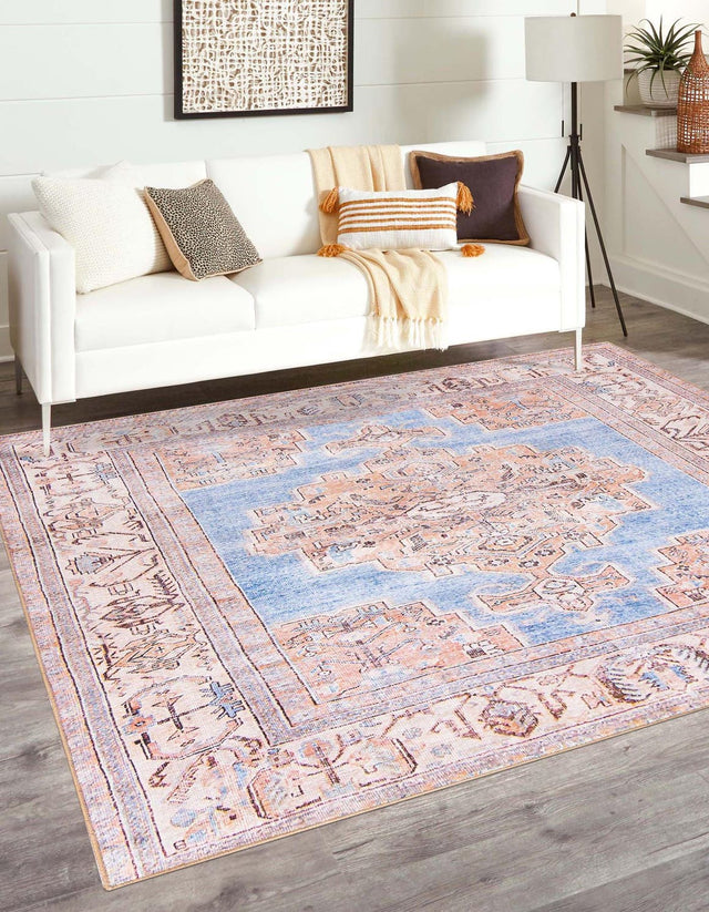 Washable Blue 7' 6 x 7' 6 Timeless Square Area Rug Easy to Clean Stain Resistant & Durable Traditional Classic Vintage Design Carpet for Sale at Rug Engine