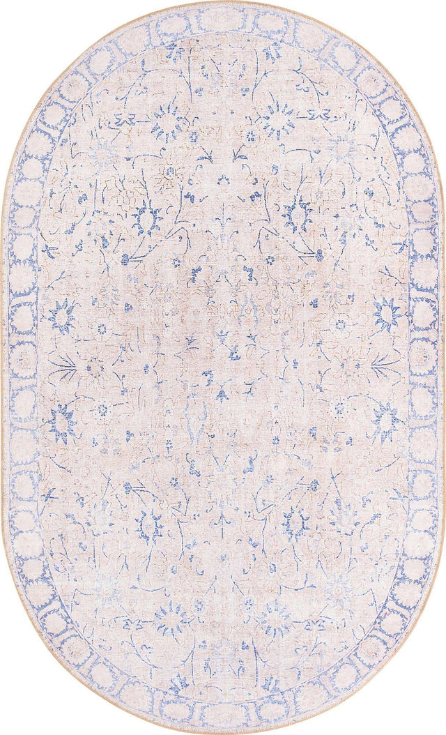 Washable Beige 5' x 8' Timeless Oval Area Rug Easy to Clean Stain Resistant & Durable Traditional Classic Vintage Design Carpet for Sale at Rug Engine