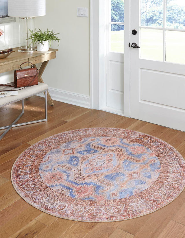 Washable Blue 5' x 5' Timeless Round Area Rug Easy to Clean Stain Resistant & Durable