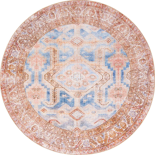Washable Blue 7' 7 x 7' 7 Timeless Round Area Rug Easy to Clean Stain Resistant & Durable Traditional Classic Vintage Design Carpet for Sale at Rug Engine