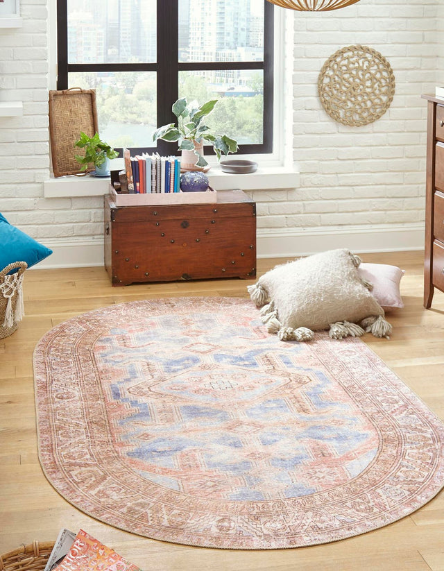 Washable Blue 5' x 8' Timeless Oval Area Rug Easy to Clean Stain Resistant & Durable Traditional Classic Vintage Design Carpet for Sale at Rug Engine
