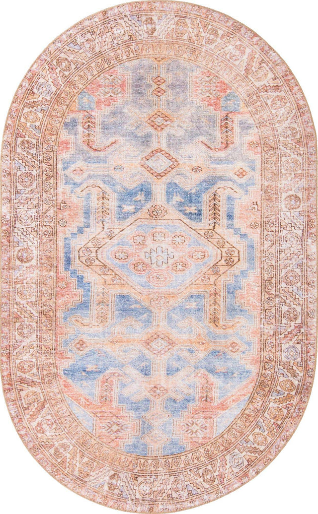 Washable Blue 5' x 8' Timeless Oval Area Rug Easy to Clean Stain Resistant & Durable Traditional Classic Vintage Design Carpet for Sale at Rug Engine