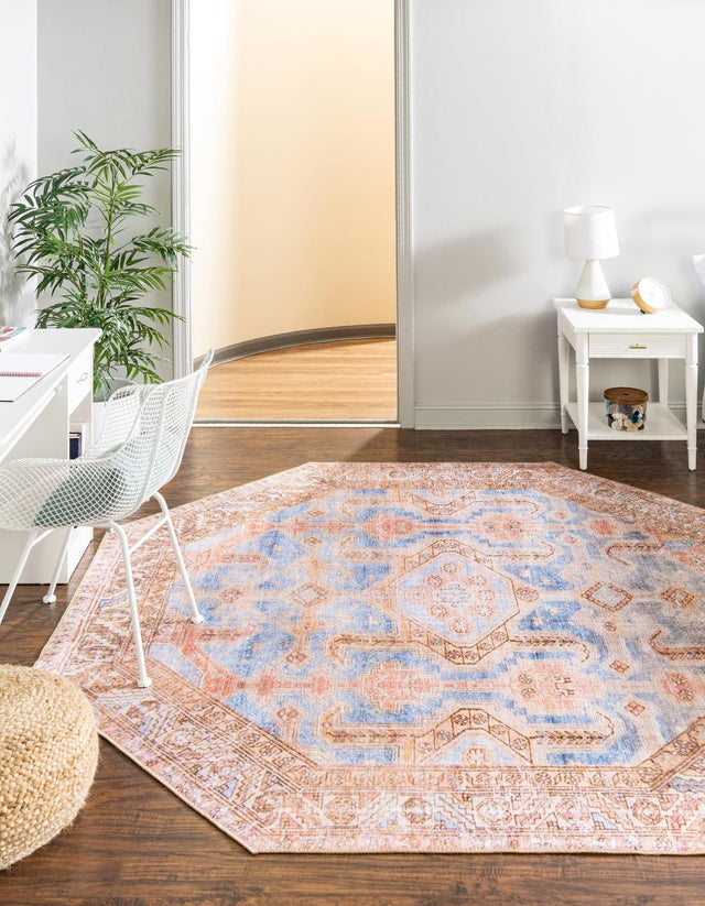 Washable Blue 7' 6 x 7' 6 Timeless Octagon Area Rug Easy to Clean Stain Resistant & Durable Traditional Classic Vintage Design Carpet for Sale at Rug Engine