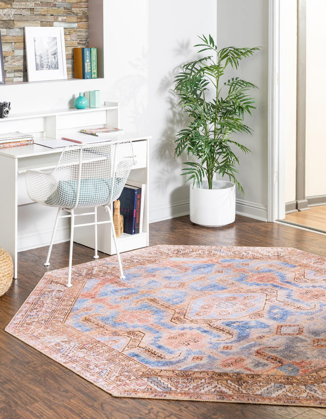 Washable Blue 7' 6 x 7' 6 Timeless Octagon Area Rug Easy to Clean Stain Resistant & Durable Traditional Classic Vintage Design Carpet for Sale at Rug Engine
