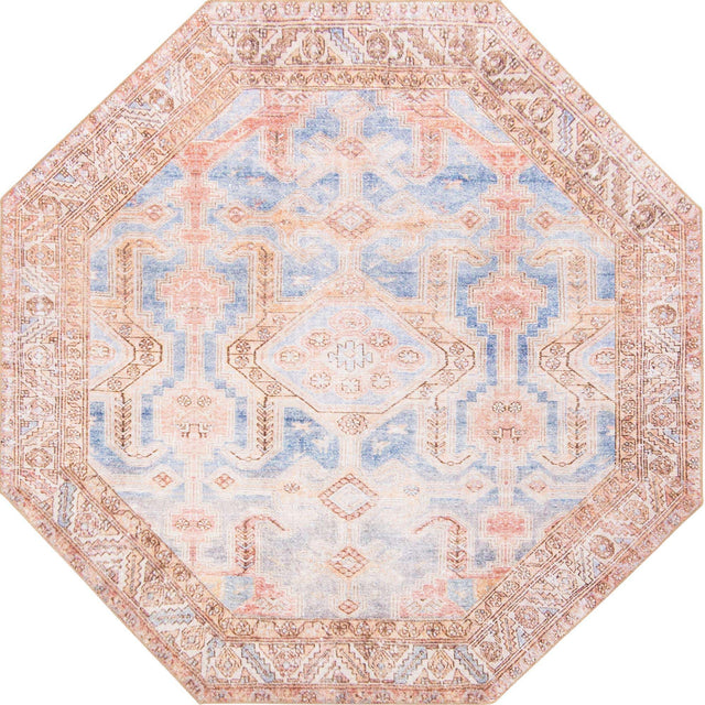 Washable Blue 7' 6 x 7' 6 Timeless Octagon Area Rug Easy to Clean Stain Resistant & Durable Traditional Classic Vintage Design Carpet for Sale at Rug Engine