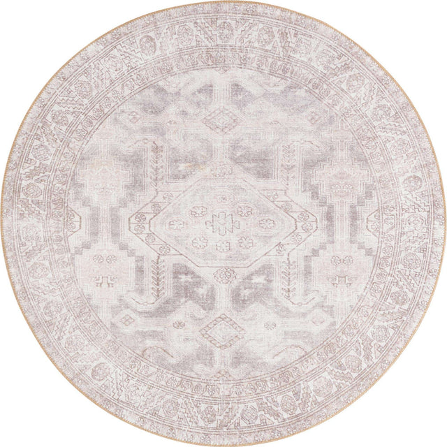 Washable Gray 5' x 5' Timeless Round Area Rug Easy to Clean Stain Resistant & Durable Traditional Classic Vintage Design Carpet for Sale at Rug Engine