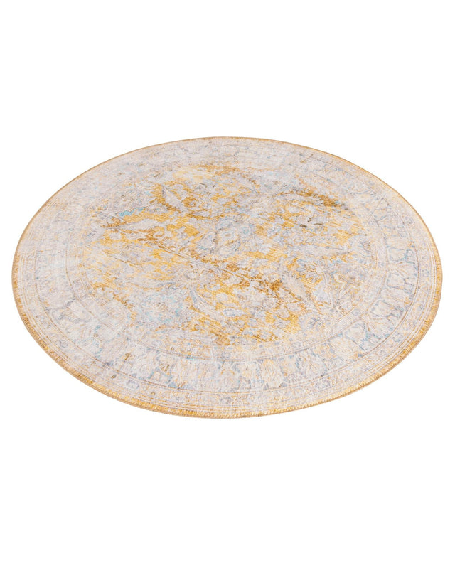 Washable Yellow 5' x 5' Timeless Round Area Rug Easy to Clean Stain Resistant & Durable Traditional Classic Vintage Design Carpet for Sale at Rug Engine