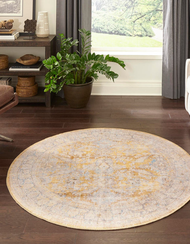 Washable Yellow 5' x 5' Timeless Round Area Rug Easy to Clean Stain Resistant & Durable Traditional Classic Vintage Design Carpet for Sale at Rug Engine