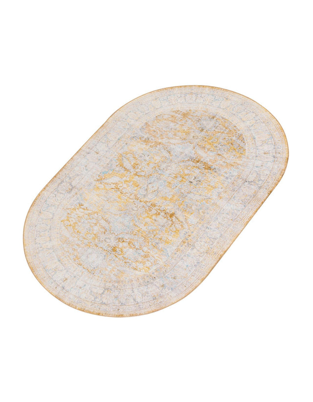 Washable Yellow 5' x 8' Timeless Oval Area Rug Easy to Clean Stain Resistant & Durable Traditional Classic Vintage Design Carpet for Sale at Rug Engine