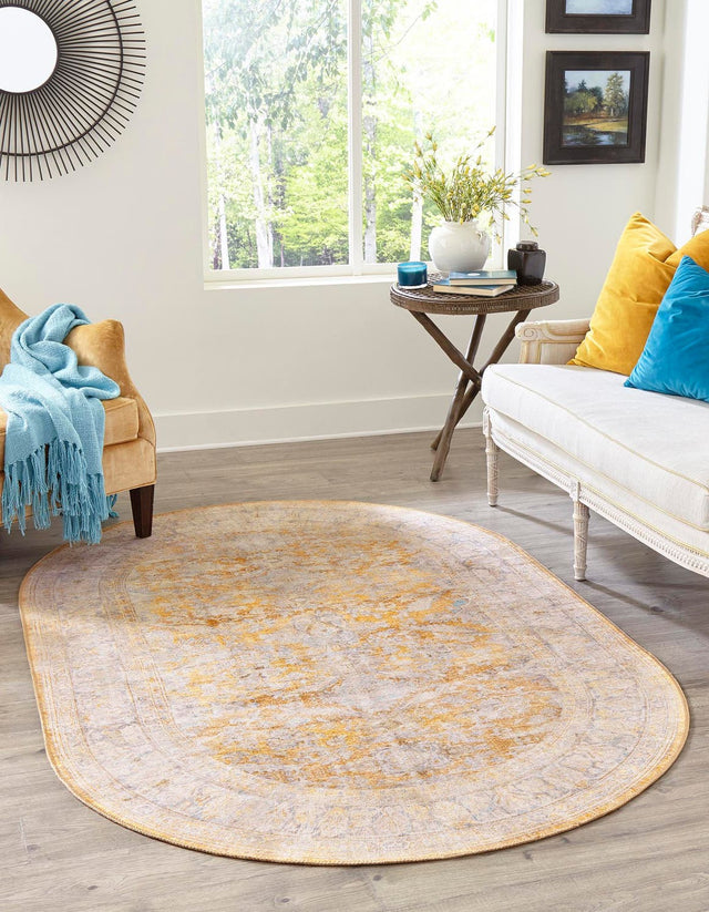 Washable Yellow 5' x 8' Timeless Oval Area Rug Easy to Clean Stain Resistant & Durable Traditional Classic Vintage Design Carpet for Sale at Rug Engine