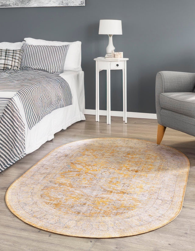 Washable Yellow 2' x 3' 1 Timeless Oval Area Rug Easy to Clean Stain Resistant & Durable Traditional Classic Vintage Design Carpet for Sale at Rug Engine