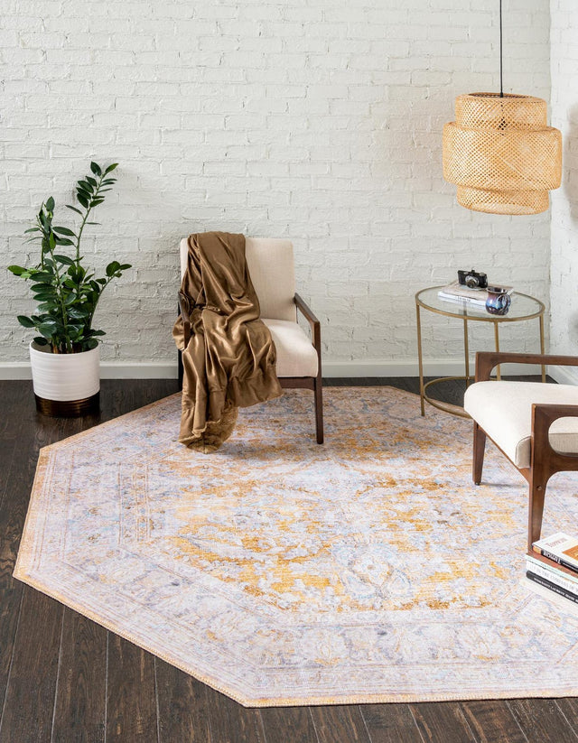 Washable Yellow 7' 6 x 7' 6 Timeless Octagon Area Rug Easy to Clean Stain Resistant & Durable Traditional Classic Vintage Design Carpet for Sale at Rug Engine