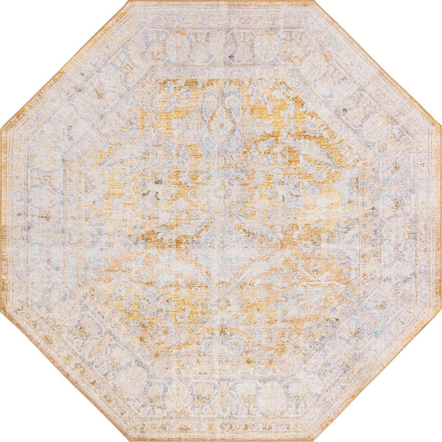 Washable Yellow 7' 6 x 7' 6 Timeless Octagon Area Rug Easy to Clean Stain Resistant & Durable Traditional Classic Vintage Design Carpet for Sale at Rug Engine