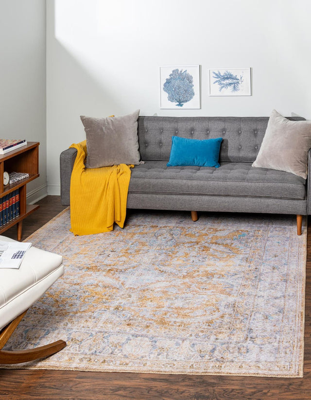 Washable Yellow 7' 6 x 7' 6 Timeless Square Area Rug Easy to Clean Stain Resistant & Durable Traditional Classic Vintage Design Carpet for Sale at Rug Engine