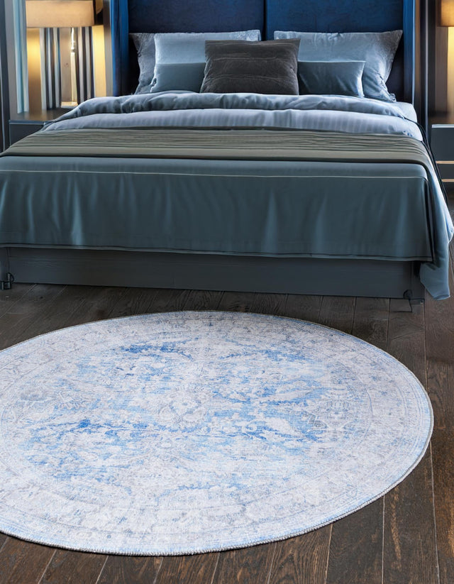Washable Blue 7' 7 x 7' 7 Timeless Round Area Rug Easy to Clean Stain Resistant & Durable Traditional Classic Vintage Design Carpet for Sale at Rug Engine