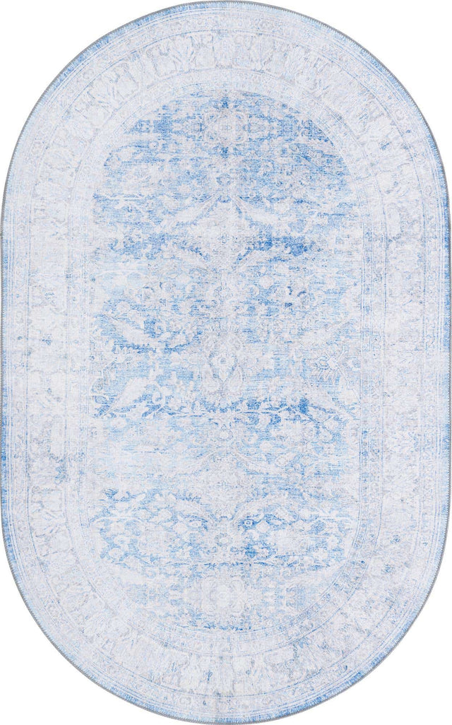 Washable Blue 5' x 8' Timeless Oval Area Rug Easy to Clean Stain Resistant & Durable Traditional Classic Vintage Design Carpet for Sale at Rug Engine