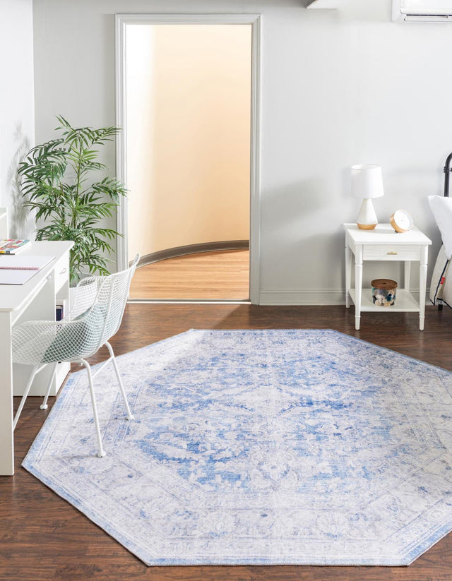 Washable Blue 7' 6 x 7' 6 Timeless Octagon Area Rug Easy to Clean Stain Resistant & Durable Traditional Classic Vintage Design Carpet for Sale at Rug Engine