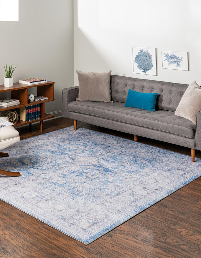 Washable Blue 7' 6 x 7' 6 Timeless Square Area Rug Easy to Clean Stain Resistant & Durable Traditional Classic Vintage Design Carpet for Sale at Rug Engine