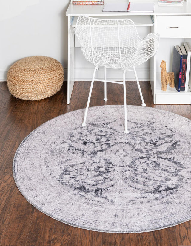 Washable Charcoal 5' x 5' Timeless Round Area Rug Easy to Clean Stain Resistant & Durable Traditional Classic Vintage Design Carpet for Sale at Rug Engine