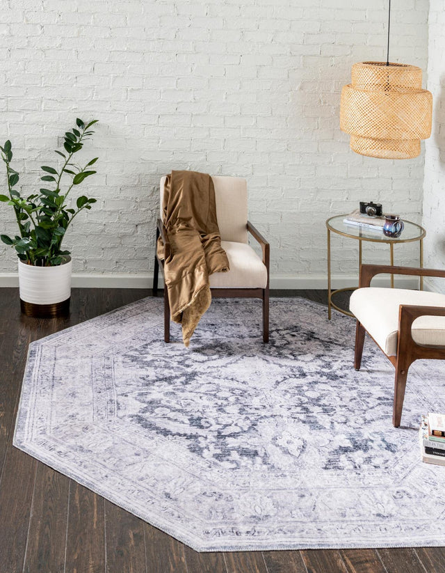 Washable Charcoal 7' 6 x 7' 6 Timeless Octagon Area Rug Easy to Clean Stain Resistant & Durable Traditional Classic Vintage Design Carpet for Sale at Rug Engine