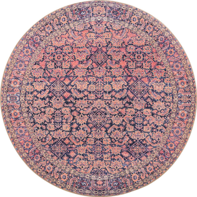 Washable Navy Blue 5' x 5' Timeless Round Area Rug Easy to Clean Stain Resistant & Durable Traditional Classic Vintage Design Carpet for Sale at Rug Engine