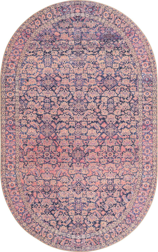 Washable Navy Blue 5' x 8' Timeless Oval Area Rug Easy to Clean Stain Resistant & Durable Traditional Classic Vintage Design Carpet for Sale at Rug Engine