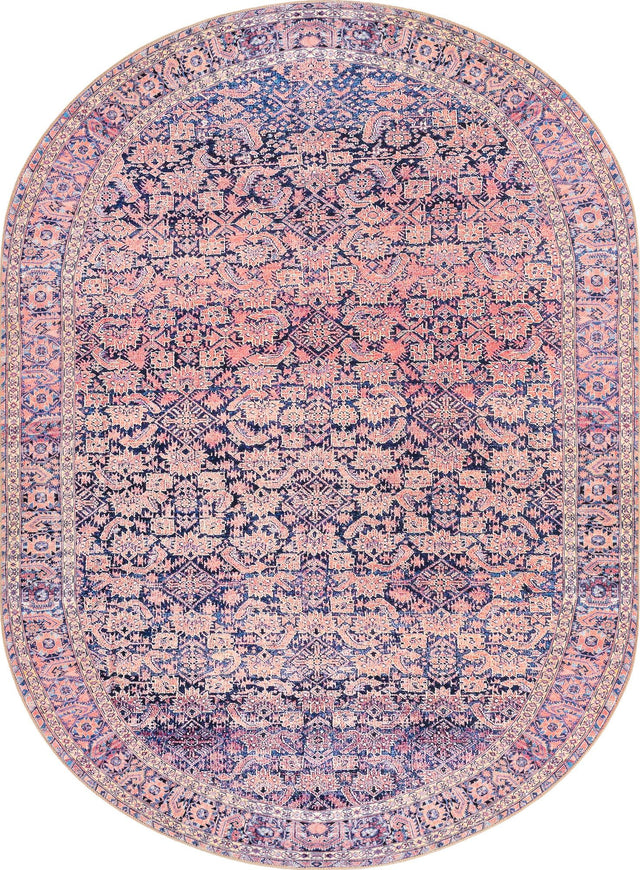 Washable Navy Blue 7' 6 x 10' 6 Timeless Oval Area Rug Easy to Clean Stain Resistant & Durable Traditional Classic Vintage Design Carpet for Sale at Rug Engine