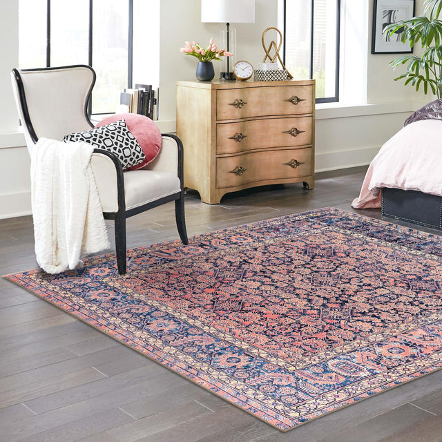 Washable Navy Blue 7' 6 x 7' 6 Timeless Square Area Rug Easy to Clean Stain Resistant & Durable Traditional Classic Vintage Design Carpet for Sale at Rug Engine