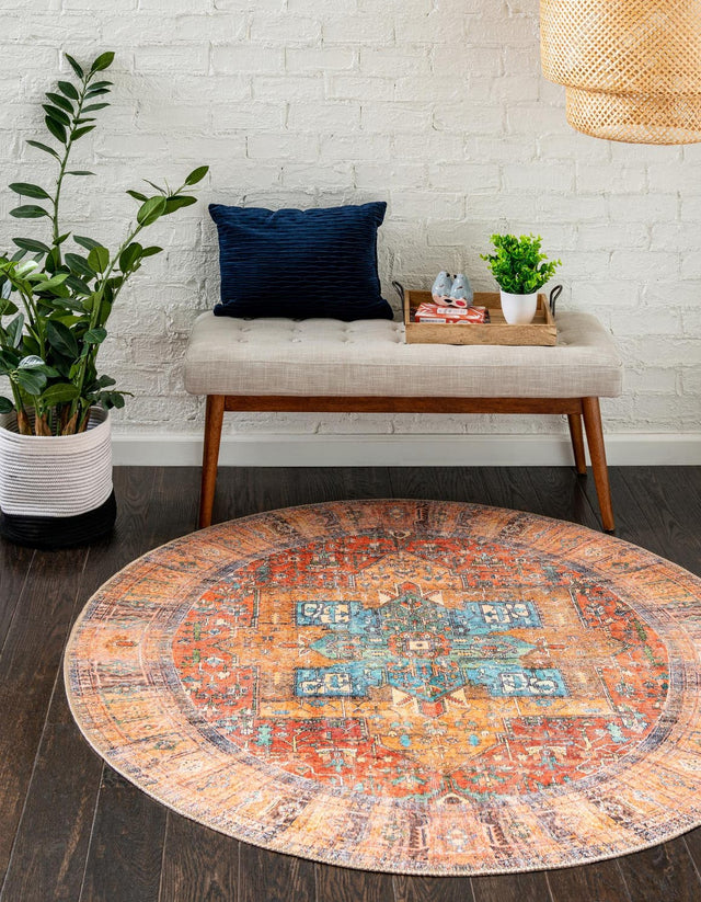 Washable Rust Red 5' x 5' Timeless Round Area Rug Easy to Clean Stain Resistant & Durable Traditional Classic Vintage Design Carpet for Sale at Rug Engine