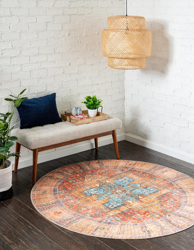 Washable Rust Red 5' x 5' Timeless Round Area Rug Easy to Clean Stain Resistant & Durable Traditional Classic Vintage Design Carpet for Sale at Rug Engine