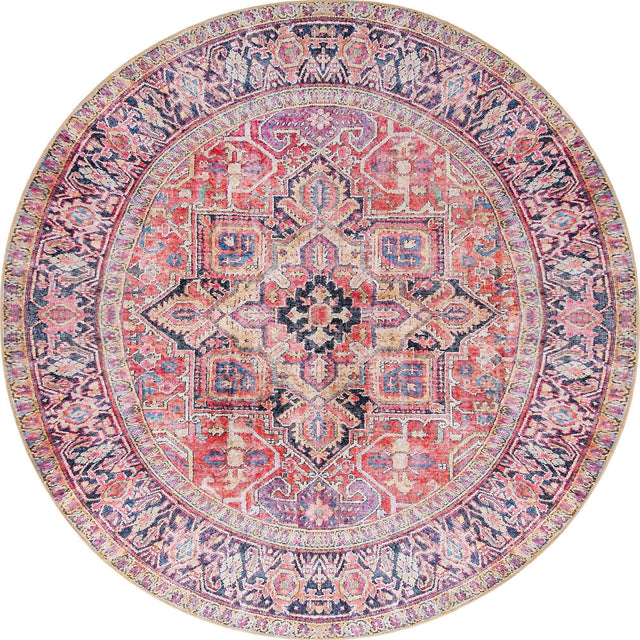 Washable Red 7' 7 x 7' 7 Timeless Round Area Rug Easy to Clean Stain Resistant & Durable Traditional Classic Vintage Design Carpet for Sale at Rug Engine