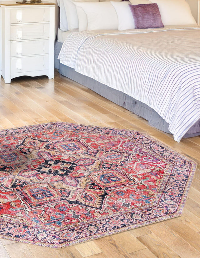 Washable Red 5' 1 x 5' 1 Timeless Octagon Area Rug Easy to Clean Stain Resistant & Durable Traditional Classic Vintage Design Carpet for Sale at Rug Engine