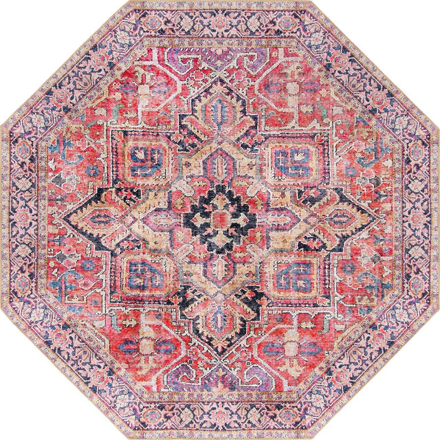 Washable Red 7' 6 x 7' 6 Timeless Octagon Area Rug Easy to Clean Stain Resistant & Durable Traditional Classic Vintage Design Carpet for Sale at Rug Engine