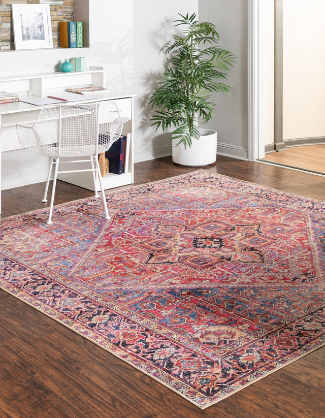 Washable Red 7' 6 x 7' 6 Timeless Square Area Rug Easy to Clean Stain Resistant & Durable Traditional Classic Vintage Design Carpet for Sale at Rug Engine