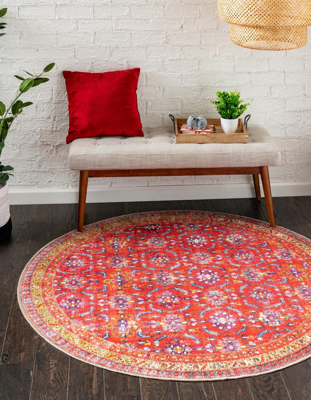 Washable Red 5' x 5' Timeless Round Area Rug Easy to Clean Stain Resistant & Durable Traditional Classic Vintage Design Carpet for Sale at Rug Engine