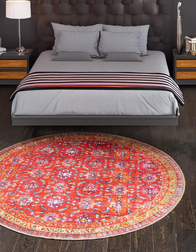 Washable Red 7' 7 x 7' 7 Timeless Round Area Rug Easy to Clean Stain Resistant & Durable Traditional Classic Vintage Design Carpet for Sale at Rug Engine