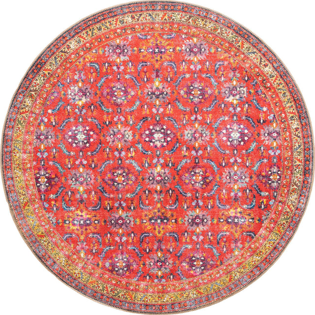 Washable Red 5' x 5' Timeless Round Area Rug Easy to Clean Stain Resistant & Durable Traditional Classic Vintage Design Carpet for Sale at Rug Engine