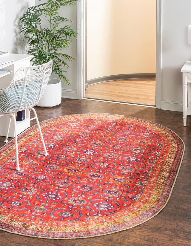 Washable Red 7' 6 x 10' 6 Timeless Oval Area Rug Easy to Clean Stain Resistant & Durable Traditional Classic Vintage Design Carpet for Sale at Rug Engine