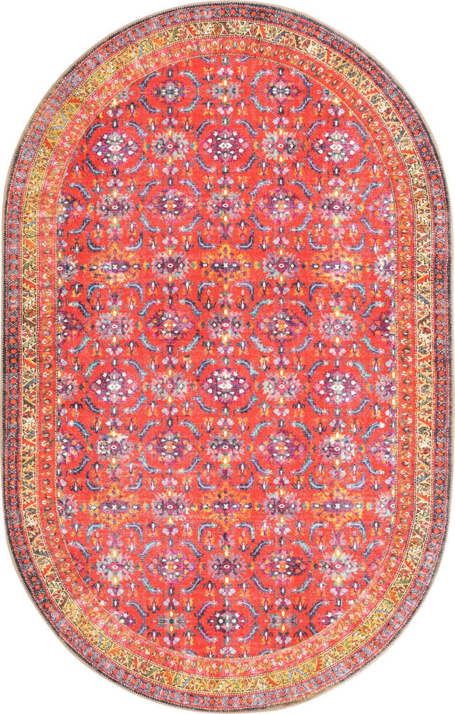 Washable Red 5' x 8' Timeless Oval Area Rug Easy to Clean Stain Resistant & Durable Traditional Classic Vintage Design Carpet for Sale at Rug Engine