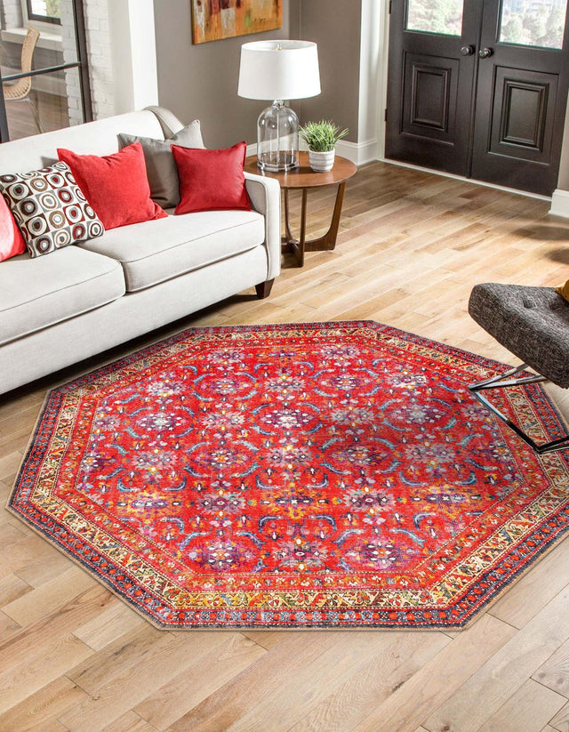 Washable Red 7' 6 x 7' 6 Timeless Octagon Area Rug Easy to Clean Stain Resistant & Durable Traditional Classic Vintage Design Carpet for Sale at Rug Engine