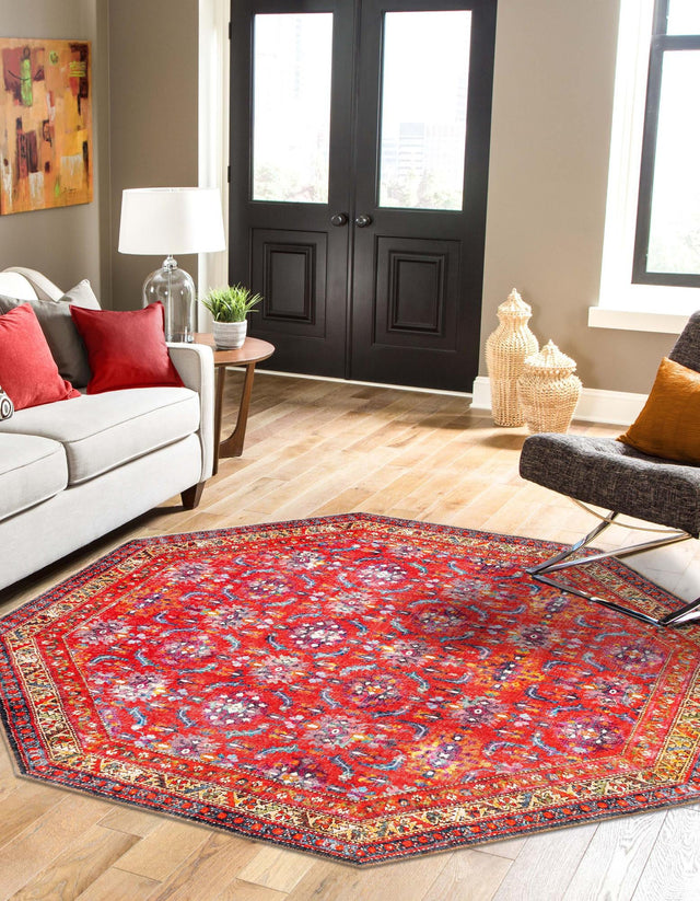 Washable Red 7' 6 x 7' 6 Timeless Octagon Area Rug Easy to Clean Stain Resistant & Durable Traditional Classic Vintage Design Carpet for Sale at Rug Engine