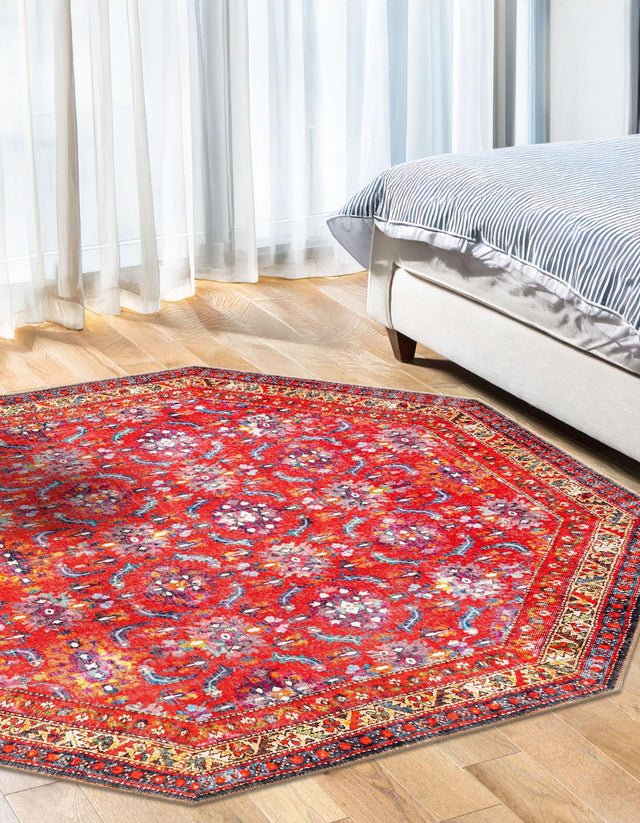 Washable Red 7' 6 x 7' 6 Timeless Octagon Area Rug Easy to Clean Stain Resistant & Durable Traditional Classic Vintage Design Carpet for Sale at Rug Engine