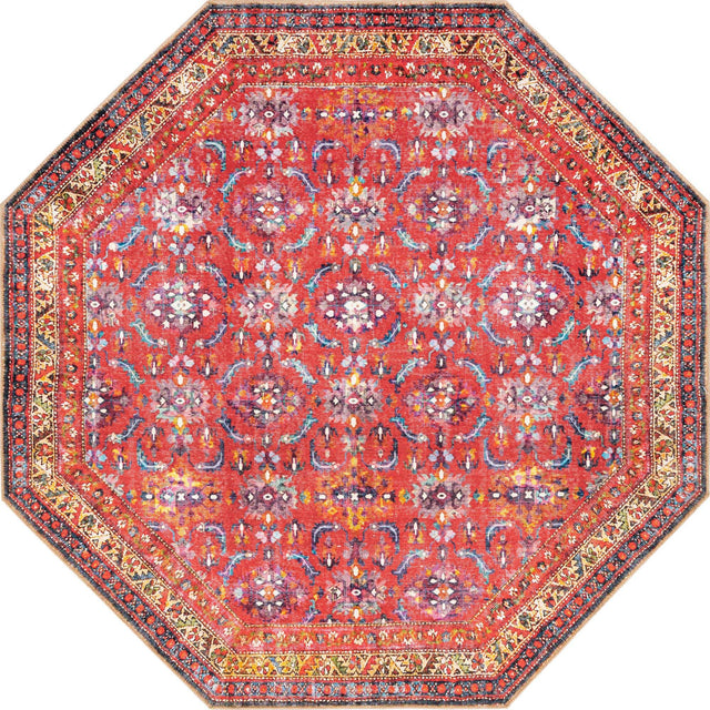 Washable Red 7' 6 x 7' 6 Timeless Octagon Area Rug Easy to Clean Stain Resistant & Durable Traditional Classic Vintage Design Carpet for Sale at Rug Engine