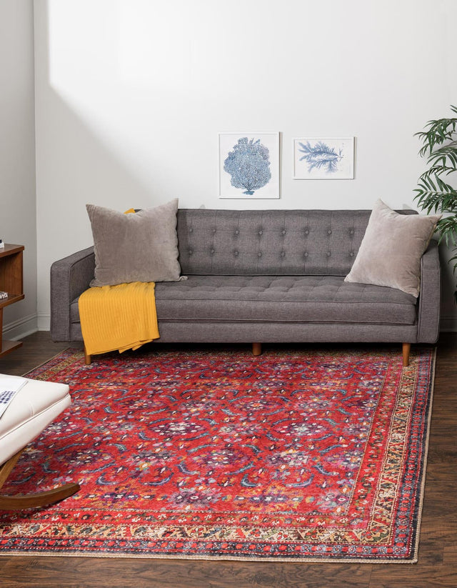 Washable Red 7' 6 x 7' 6 Timeless Square Area Rug Easy to Clean Stain Resistant & Durable Traditional Classic Vintage Design Carpet for Sale at Rug Engine