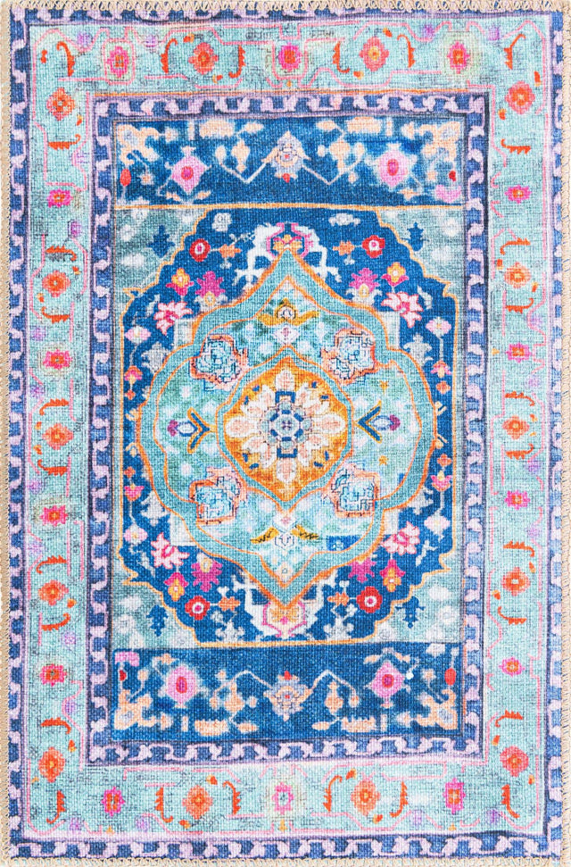 Washable Blue 2' x 3' Timeless Rectangle Area Rug Easy to Clean Stain Resistant & Durable Traditional Classic Vintage Design Carpet for Sale at Rug Engine